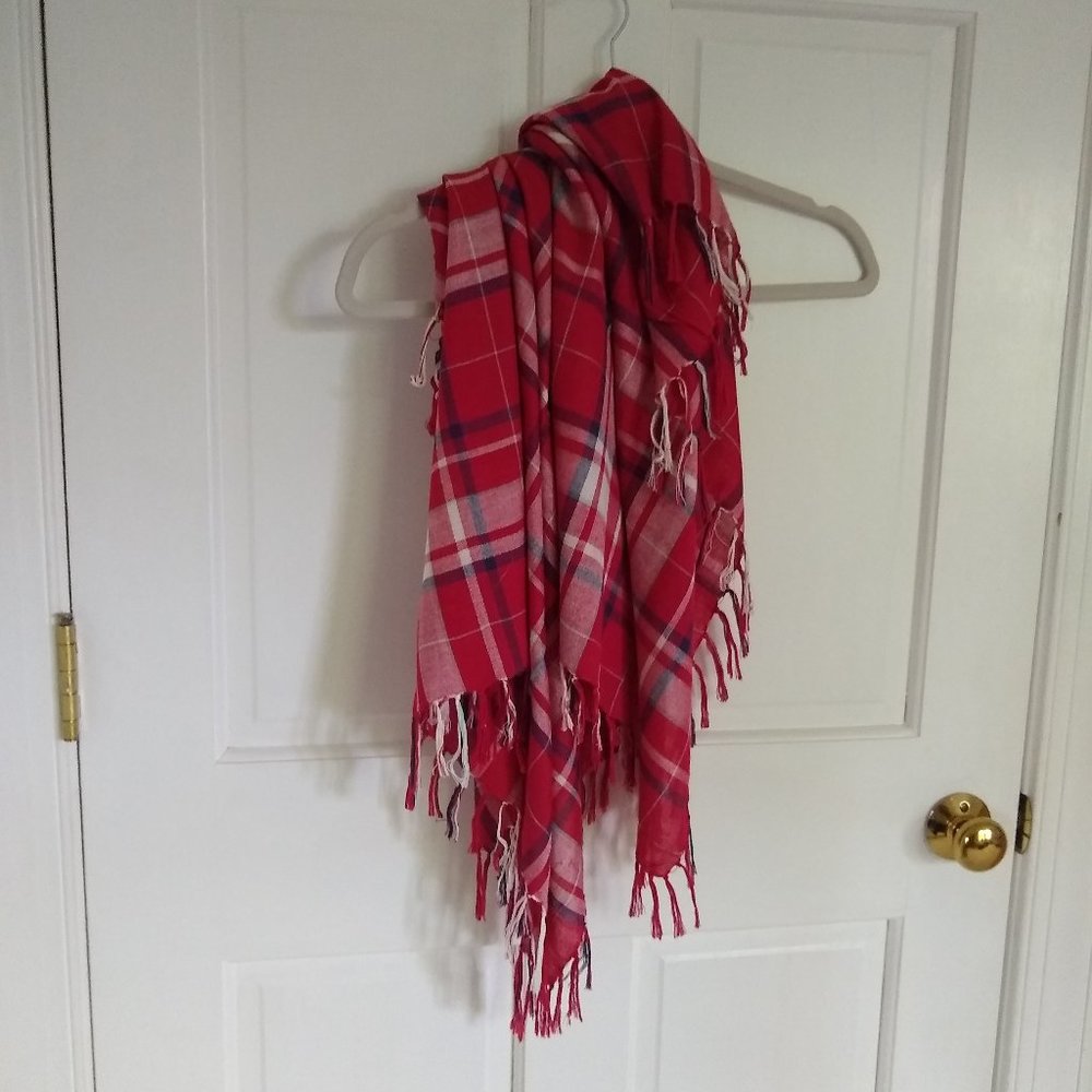 Charming Charlie red plaid fringe square scarf bandana‎